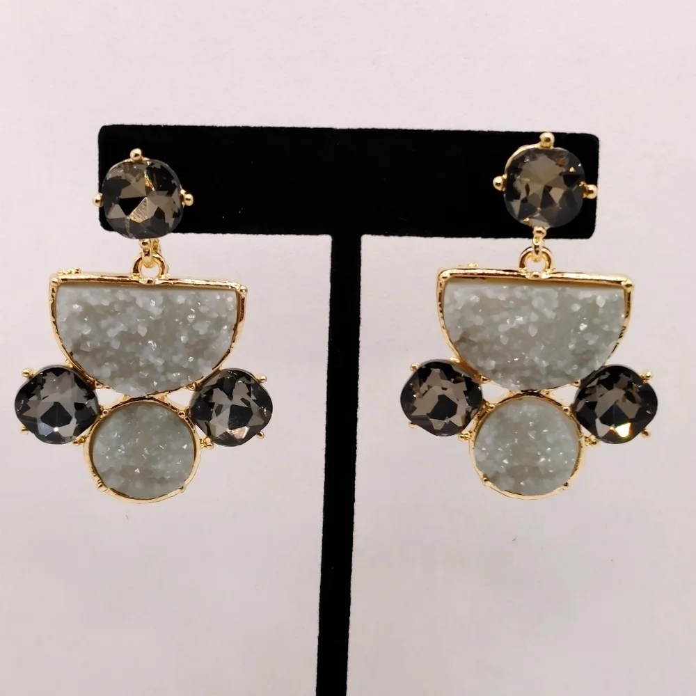 Grey Druzy Stone Drop Earrings - Picture 4 of 8